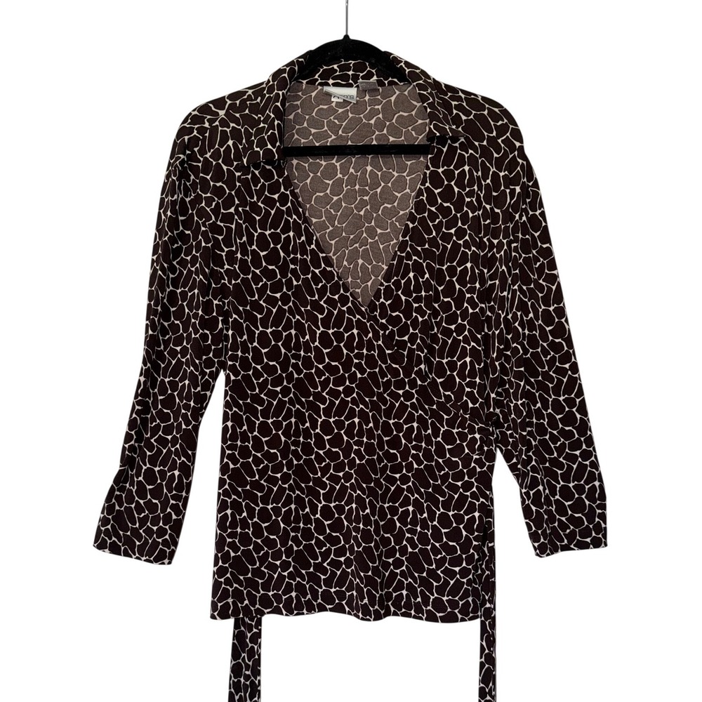 Chicos Brown Giraffe Print Wrap Top V-Neck Long Sleeve Tie Waist Size 2 L